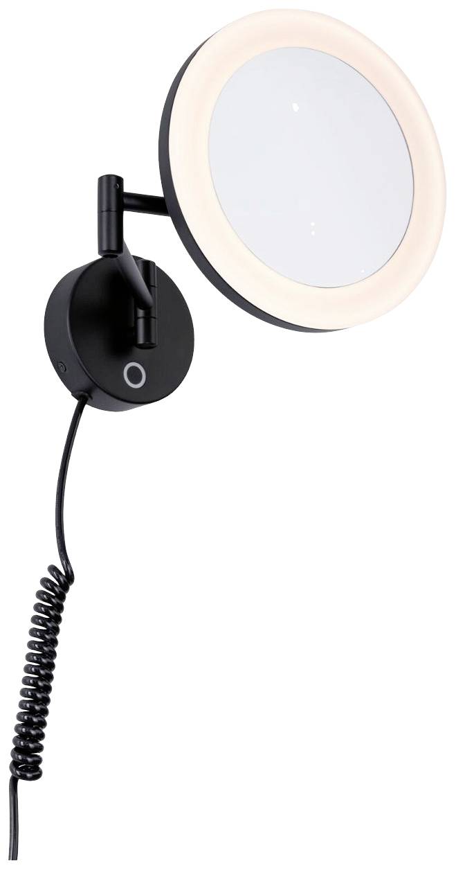 Specchio rotondo, illuminato, fissato a una staffa nera a parete con cavo. Ideale per bagno o postazione trucco.