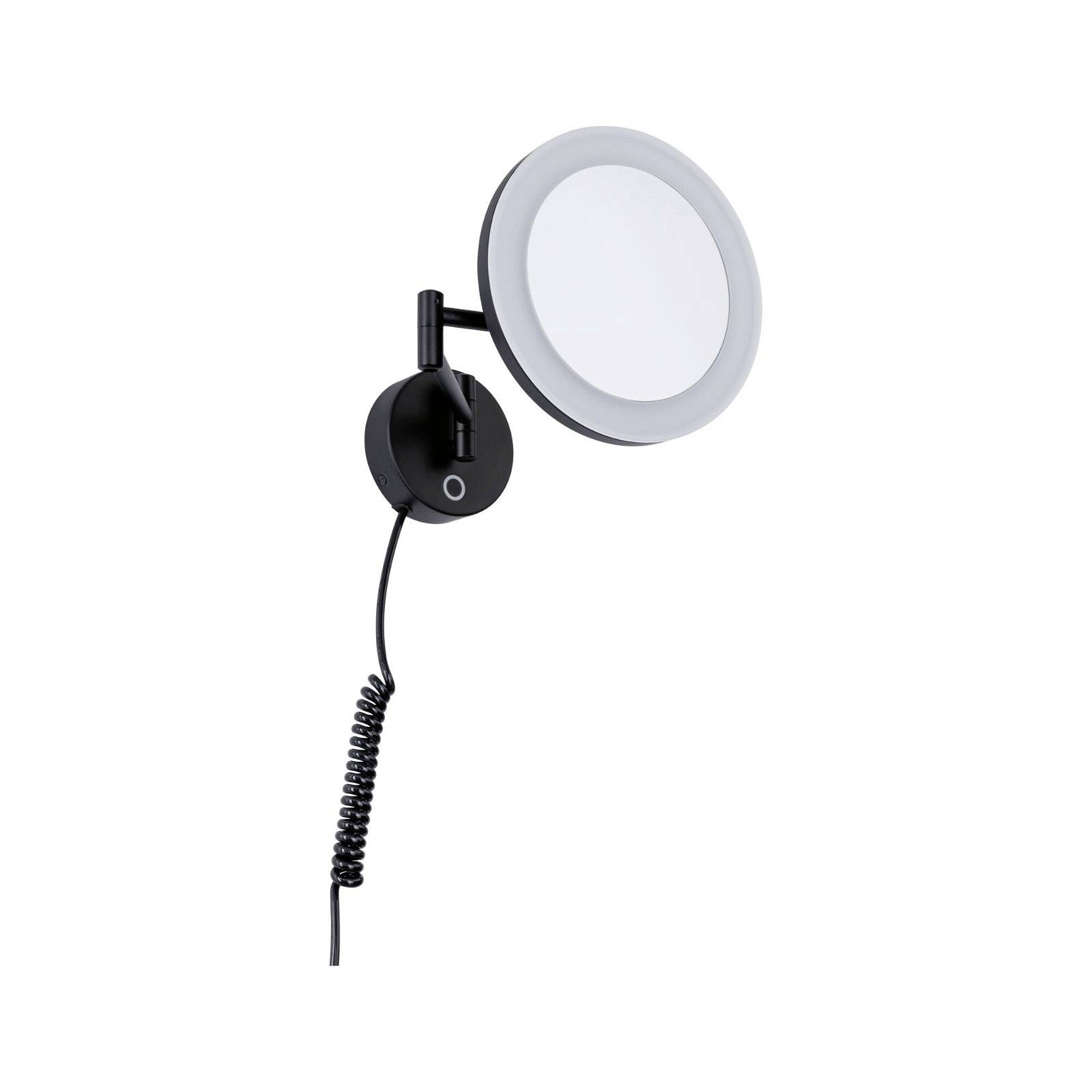 Specchio da parete rotondo con illuminazione LED integrata e cornice nera. Cavo flessibile per il collegamento elettrico, design moderno.