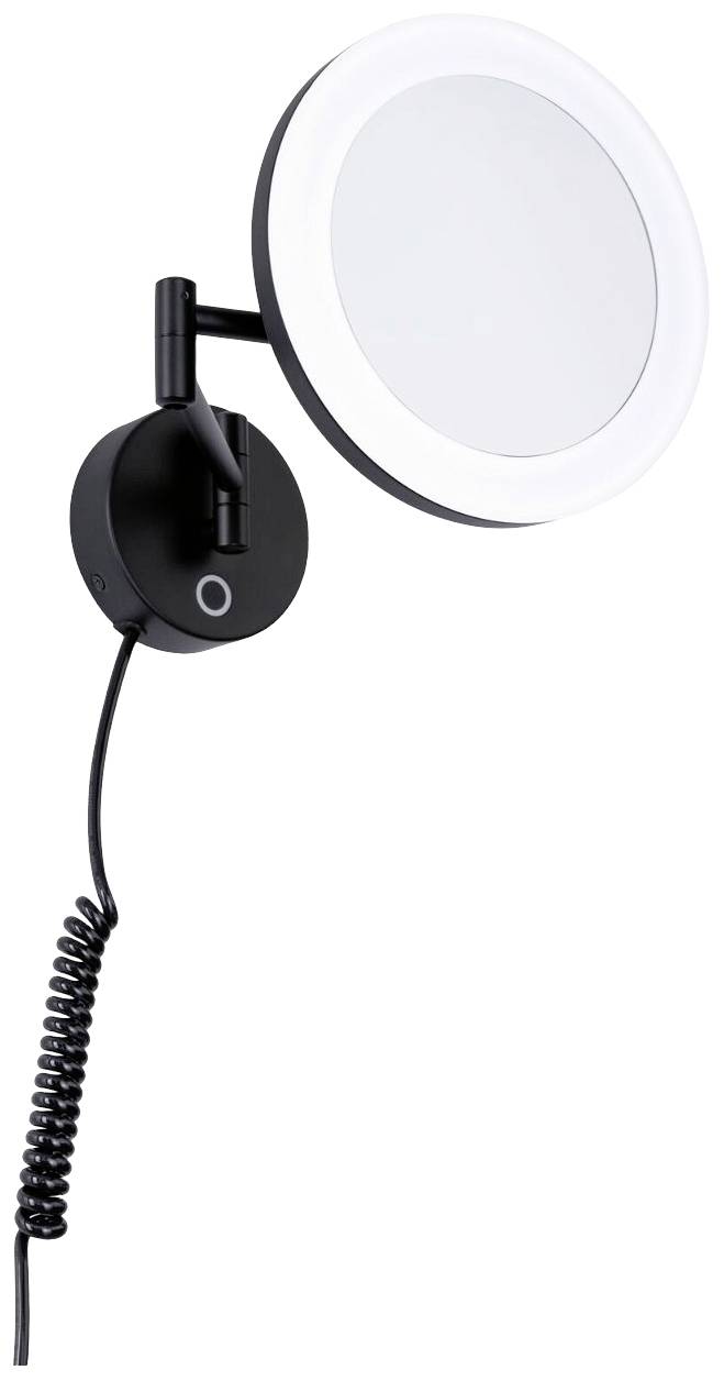 Specchio cosmetico da parete nero, rotondo, con illuminazione LED e cavo flessibile. Ideale per la cura del viso e il trucco con precisione.