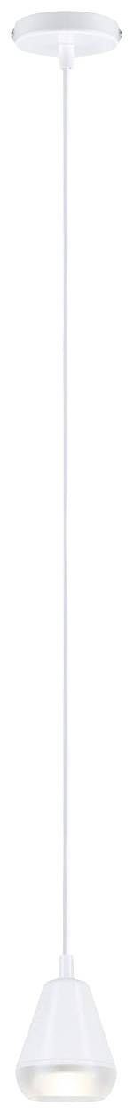 Lampada a sospensione bianca con paralume conico, appesa a un lungo cavo. Ideale per l'illuminazione moderna di soggiorni o sale da pranzo.