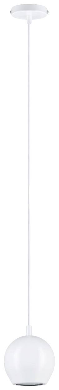 Lampada a sospensione bianca, sferica, con cavo lungo; dal design minimale e moderno. Adatta per soggiorni e zone pranzo.