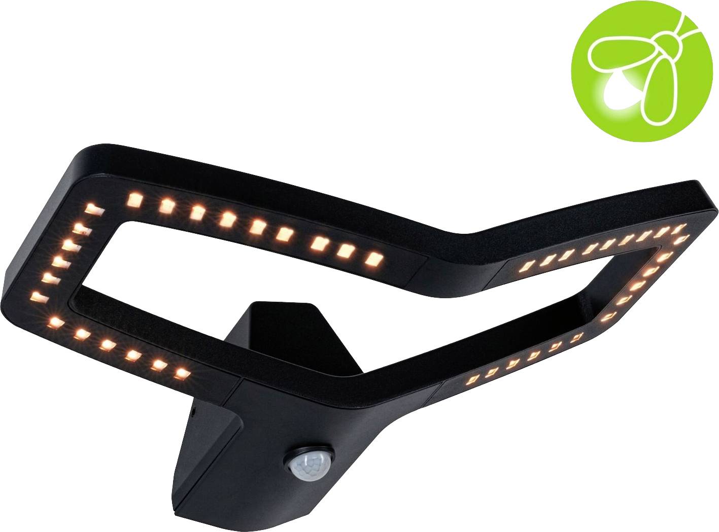 Plafoniera LED nera con cornice rettangolare e LED integrati. Illustrazione di lampadine verdi in alto a destra.