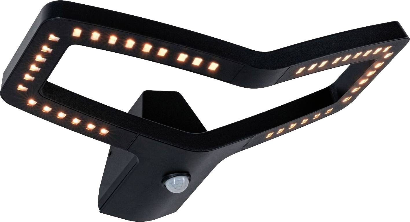 Lampada da esterno moderna nera con arco luminoso rettangolare, dotata di sensore di movimento integrato. Ideale per illuminare gli ingressi.