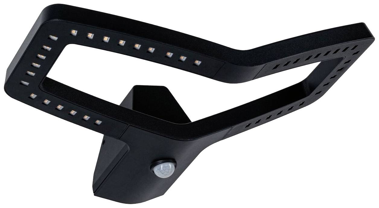 Applique da esterno moderna nera con cornice rettangolare curva e lampade LED. Rilevatore di movimento integrato sul supporto.