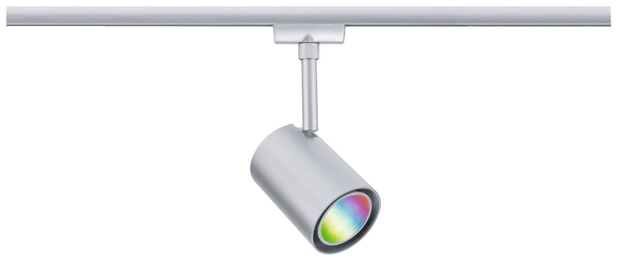 Una barra luminosa in argento con design cilindrico e inserto luminoso colorato. Fissata a una guida dritta.