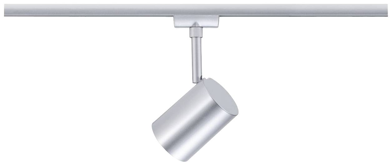 Proiettore da soffitto cilindrico color argento, montato su binario e rivolto verso il basso. Design minimalista per un'illuminazione mirata.