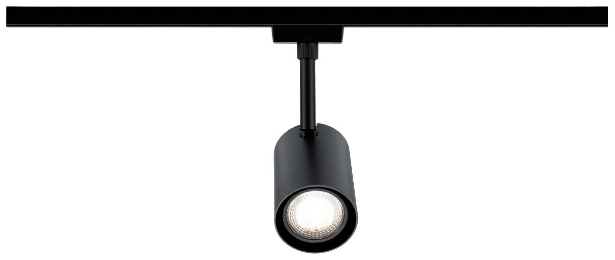 Una plafoniera cilindrica nera è fissata a una rotaia. Emana luce verso il basso ed è adatta per un'illuminazione mirata.