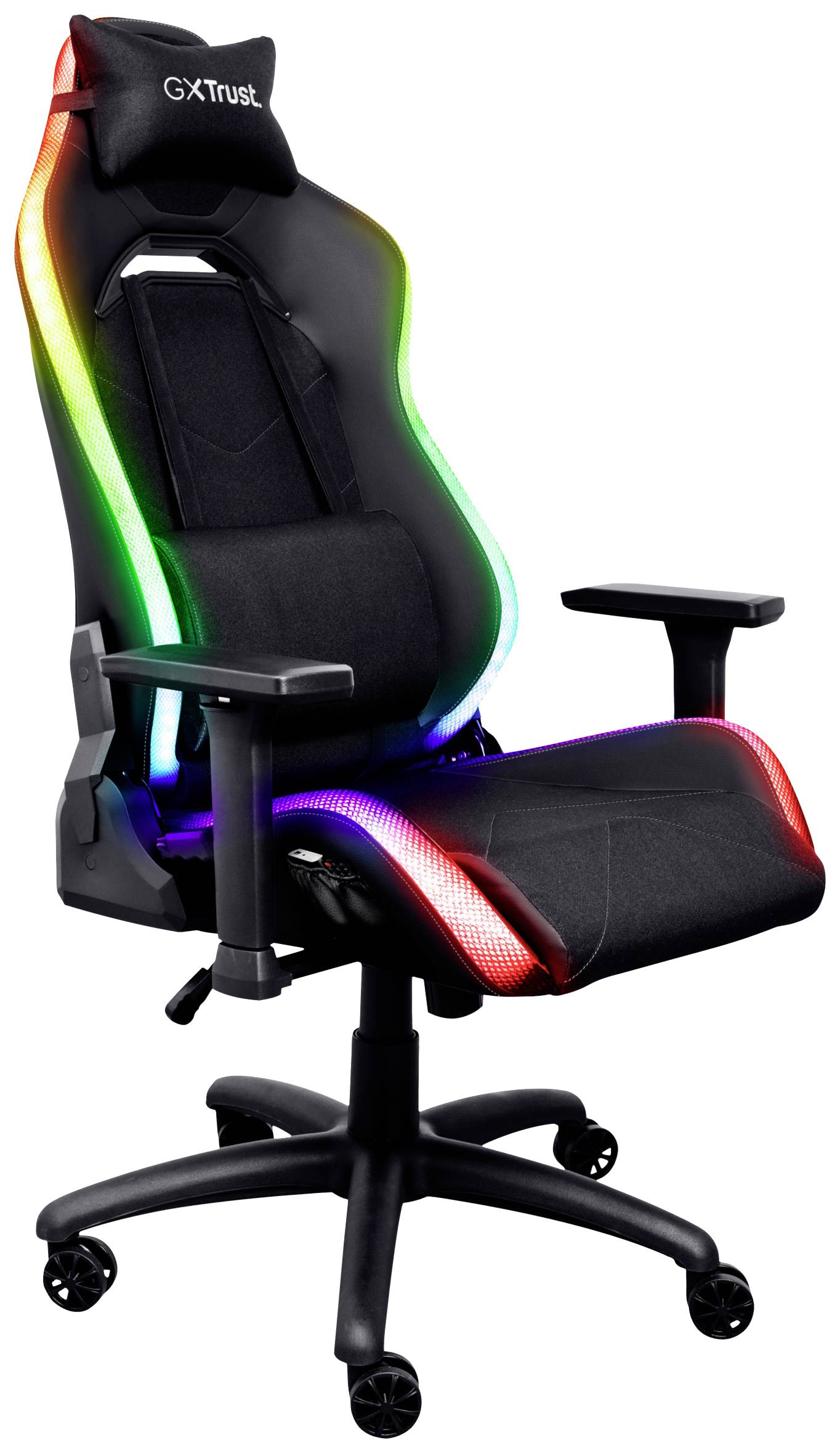 Sedia da gaming con imbottitura nera, braccioli regolabili e illuminazione LED colorata lungo i bordi.