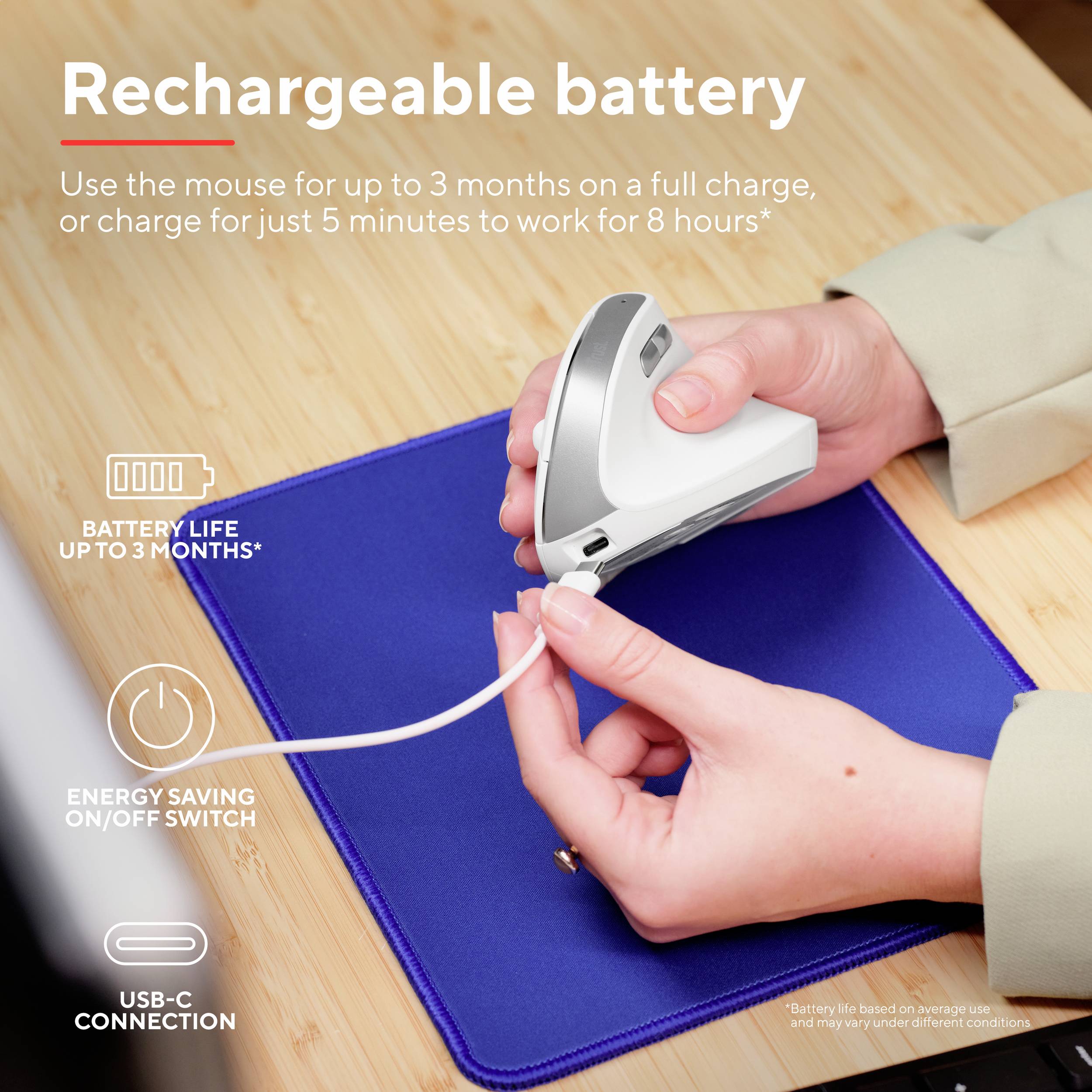 Un mouse per laptop wireless con batteria ricaricabile viene tenuto in mano. Il testo indica un'autonomia di batteria di 3 mesi.