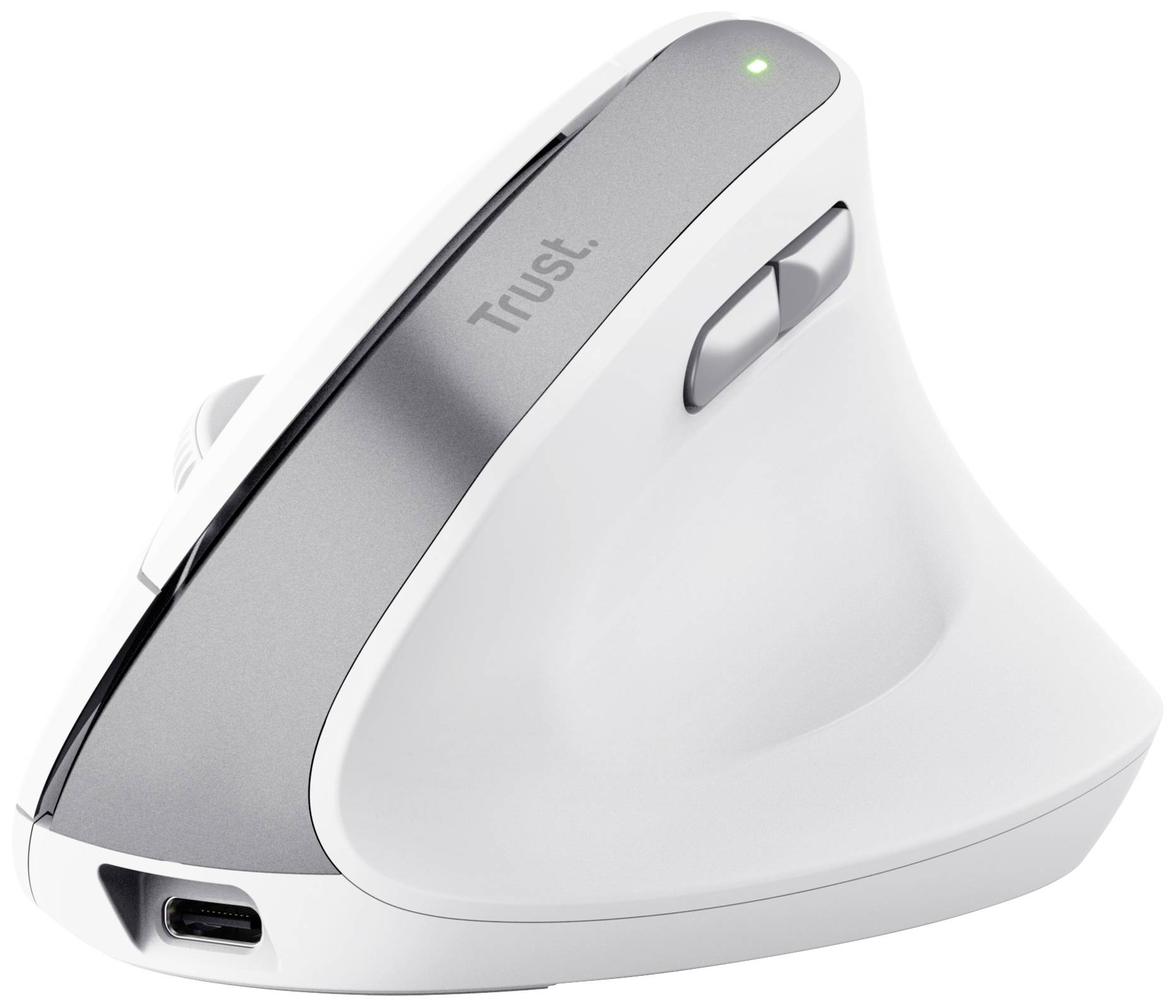 Mouse ergonomica verticale in bianco e grigio con connettore USB-C, tasti e rotella di scorrimento. Progettata per una posizione di impugnatura comoda.