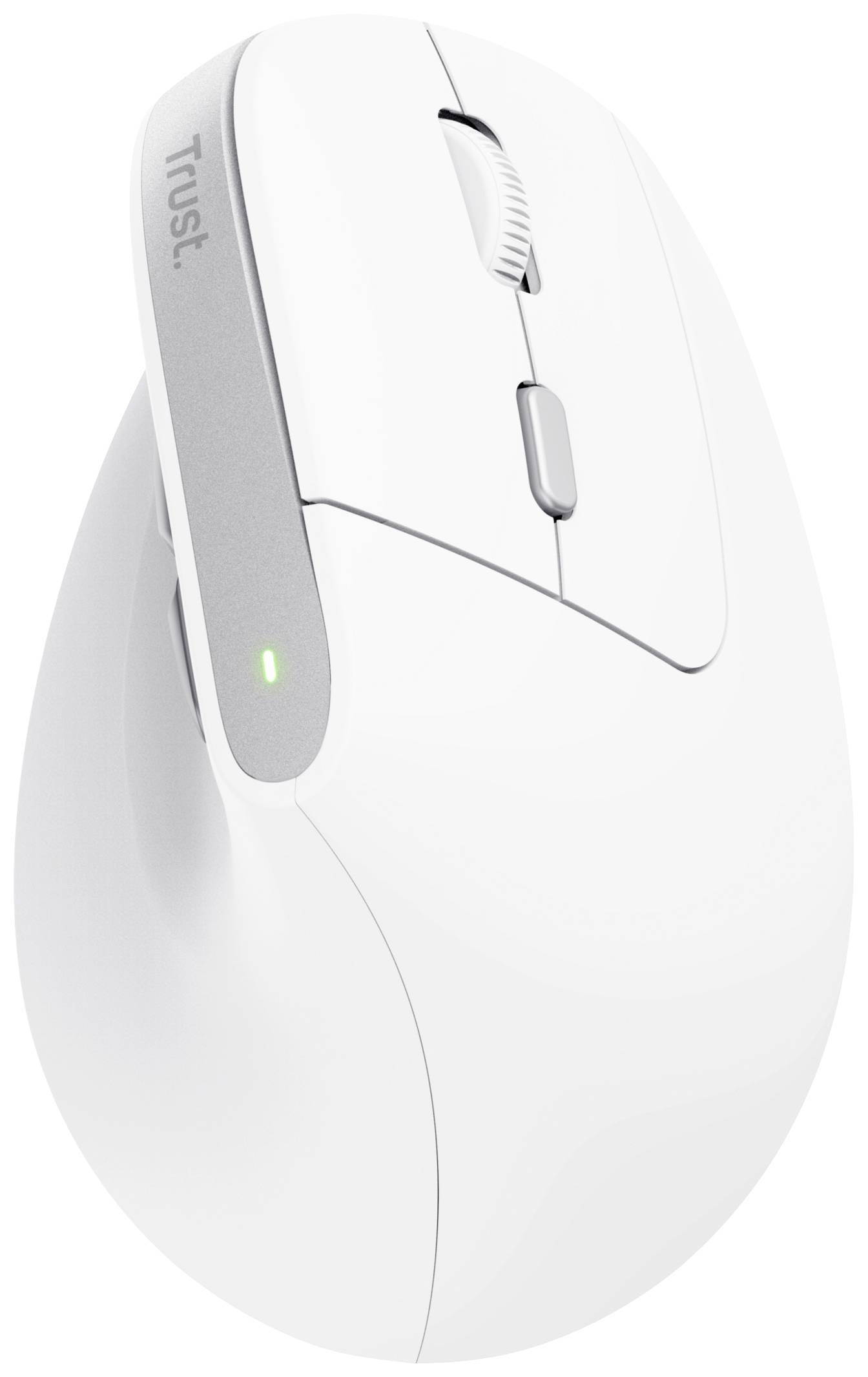 Mouse ergonomica bianca con supporto laterale per il pollice e rotella di scorrimento, progettata per un lavoro confortevole.