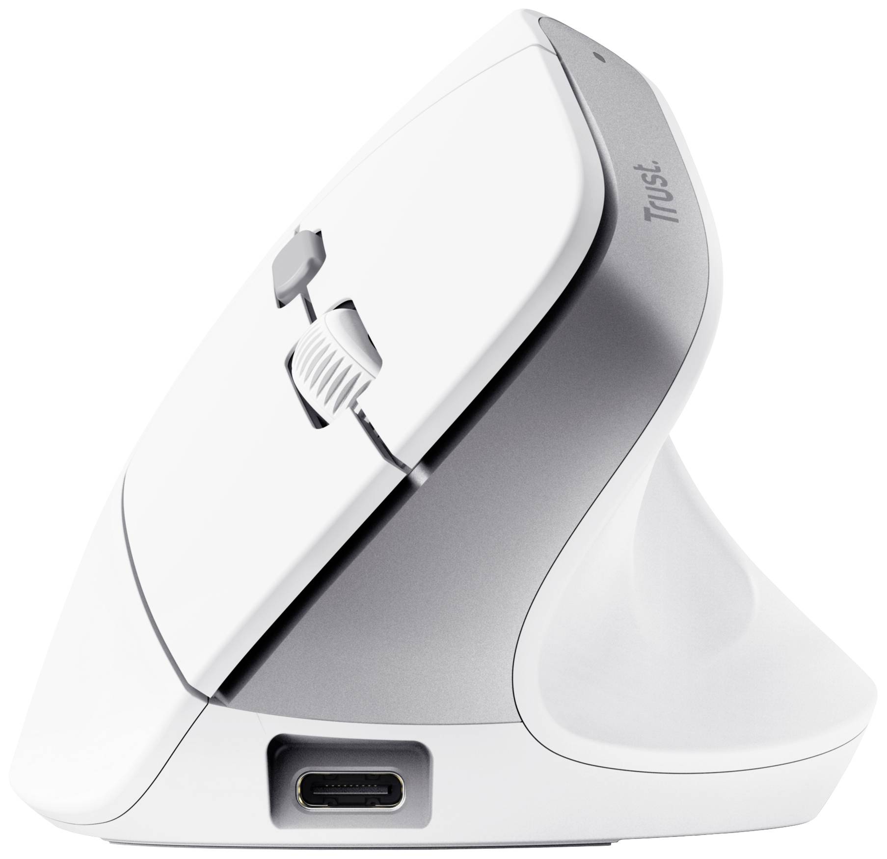 Mouse verticale bianca ed ergonomica di Trust, con rotella di scorrimento e tasti laterali, connettore USB-C visibile.