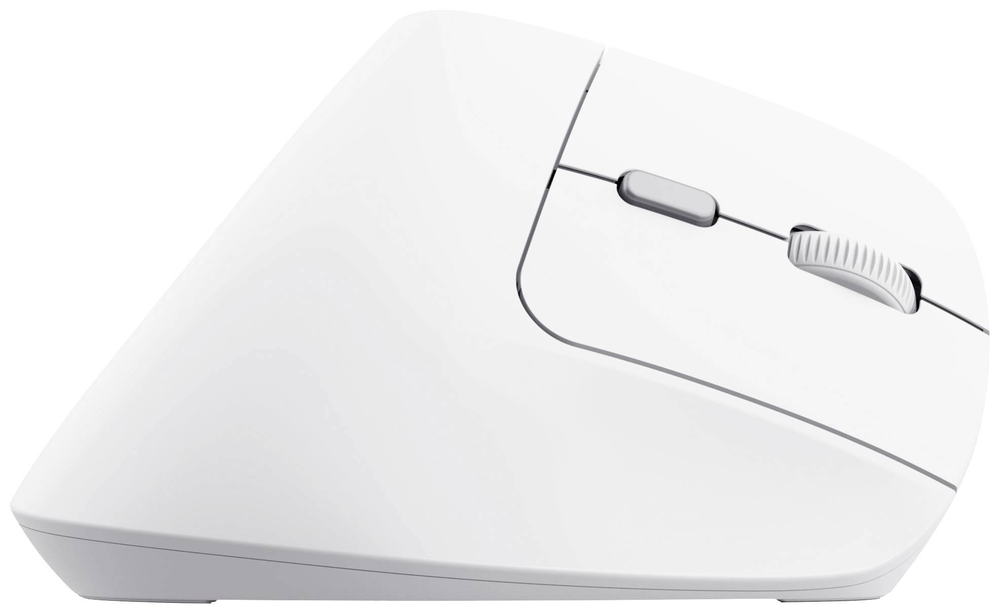 Mouse bianca ergonomica con design verticale, vista laterale sinistra.