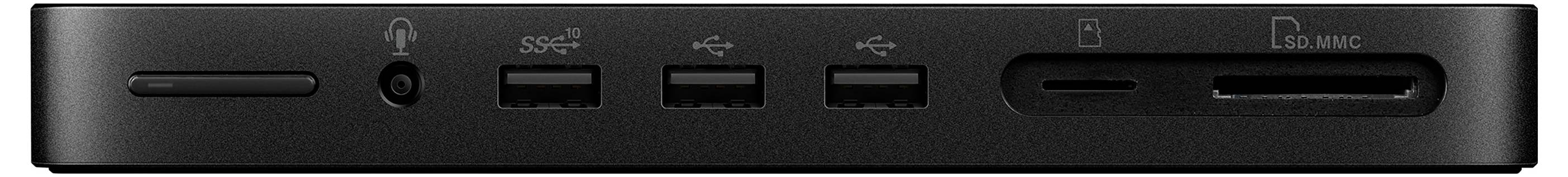 Pannello frontale nero con connettori: jack per cuffie, due porte USB, lettore di schede SD e un'altra porta di ingresso.