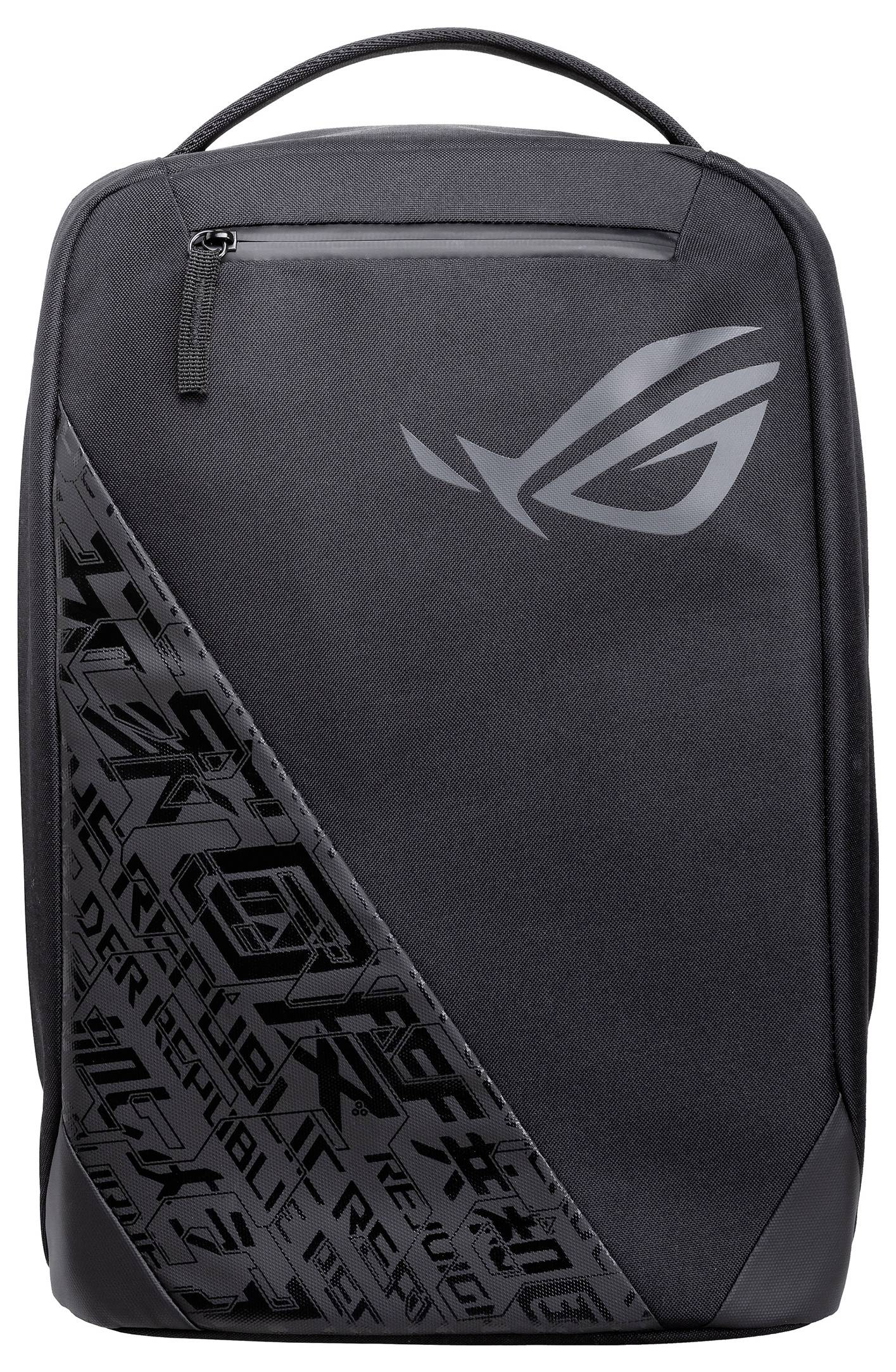Zaino nero con logo grigio e caratteri, motivo diagonale, cerniera frontale; adatto per tecnologia o viaggi.