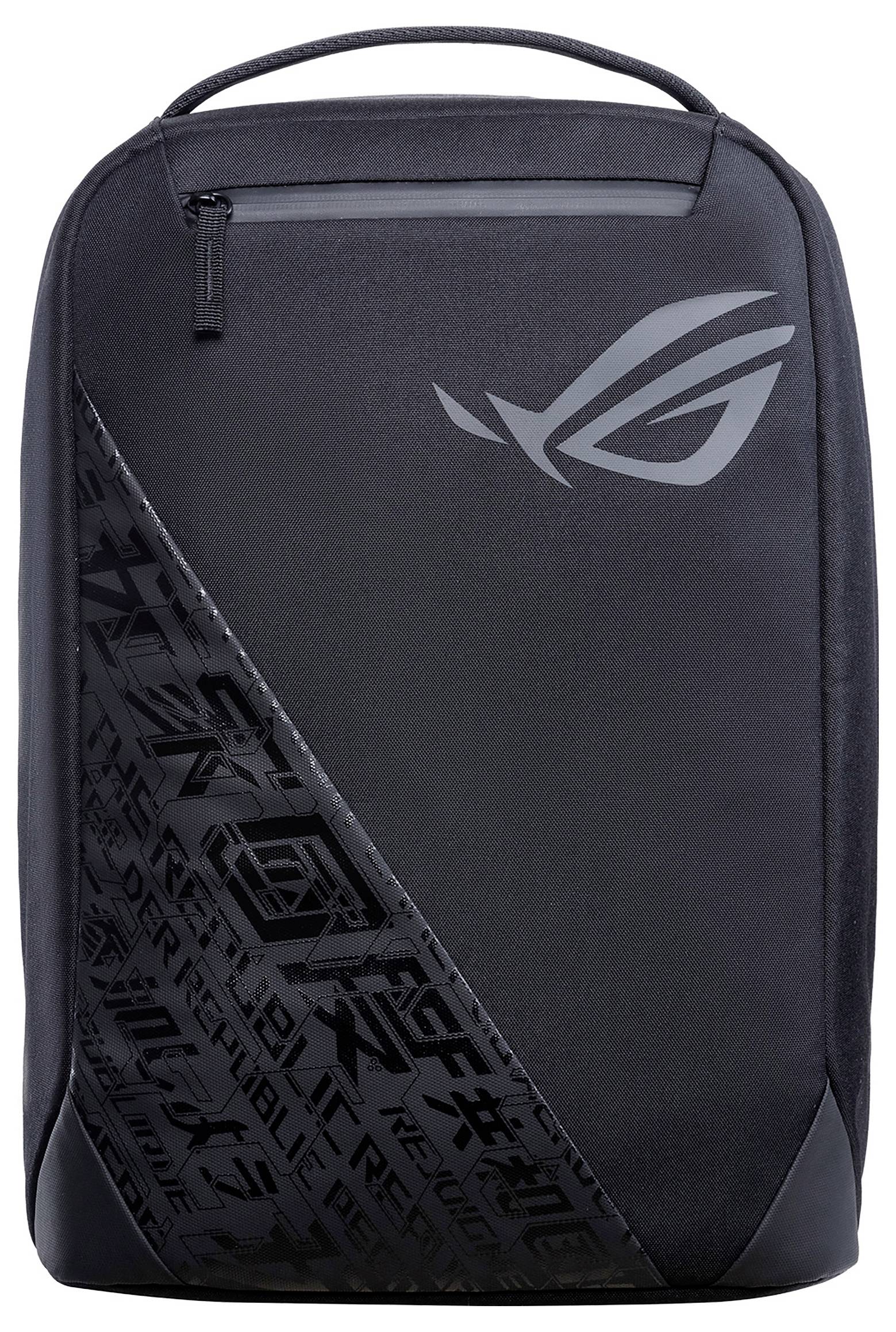 Zaino nero con logo distintivo, scomparto principale ampio e cerniera, stile moderno essenziale per gli amanti della tecnologia.