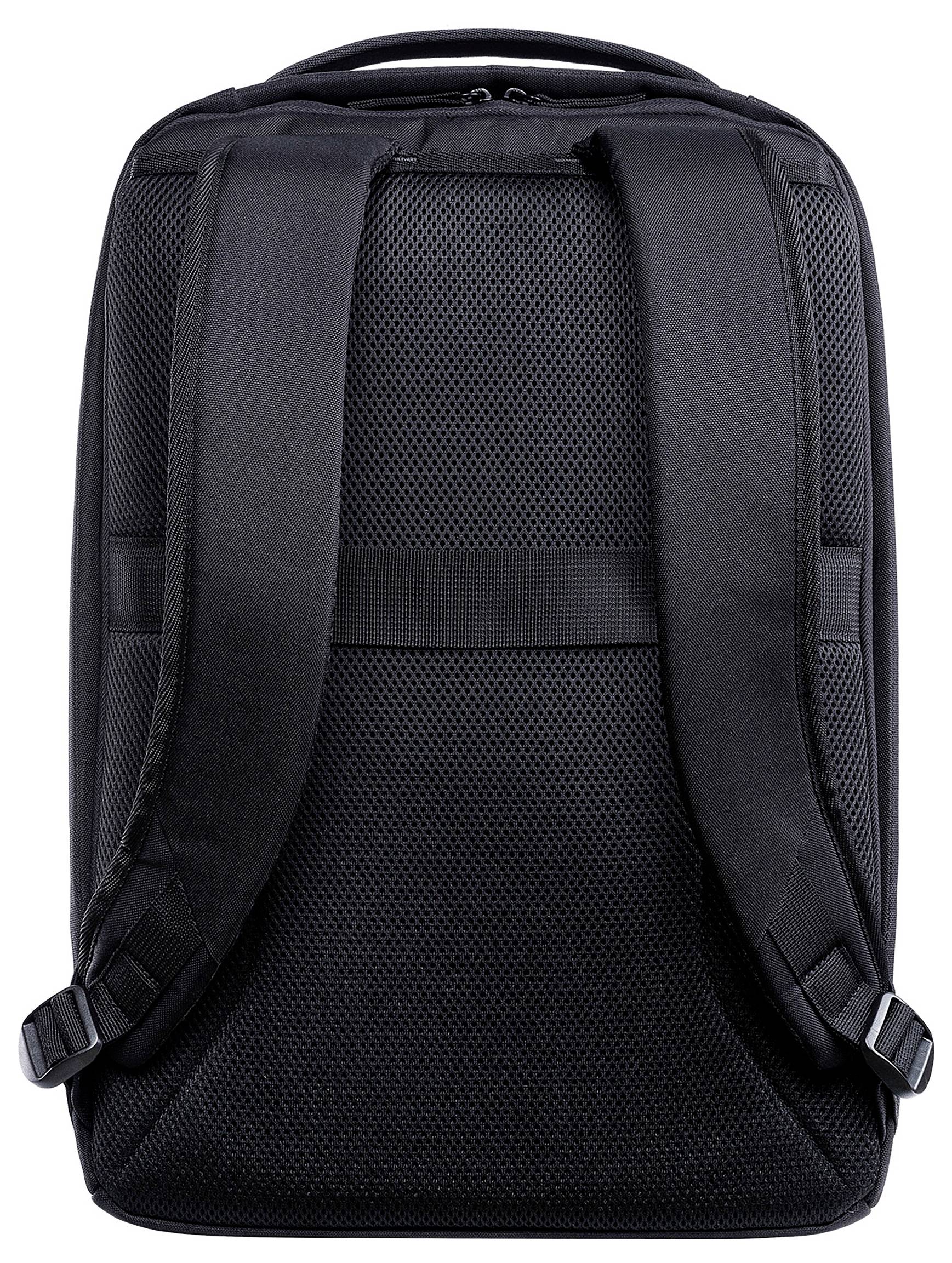 Uno zaino nero con due cinghie imbottite per le spalle e un manico superiore; retro realizzato in materiale traspirante.