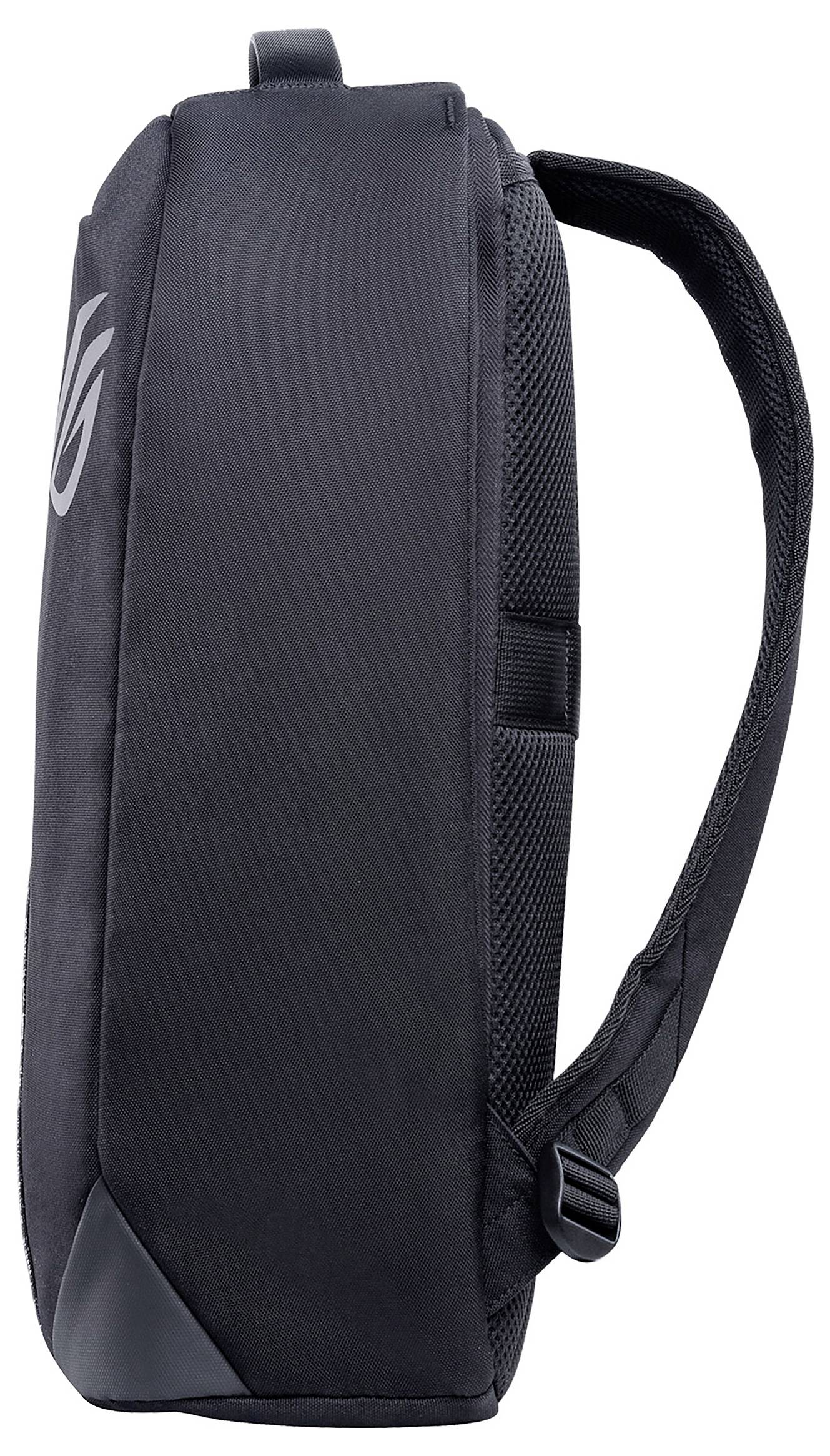 Zaino nero per laptop, vista laterale, mostra una tracolla e un design essenziale, adatto all'uso quotidiano.