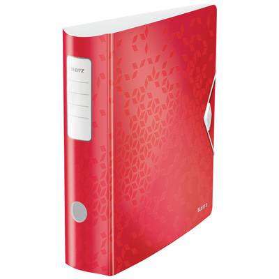 Un raccoglitore Leitz rosso con un motivo geometrico sulla copertina. Il raccoglitore ha un'etichetta per la scrittura e un meccanismo a leva.