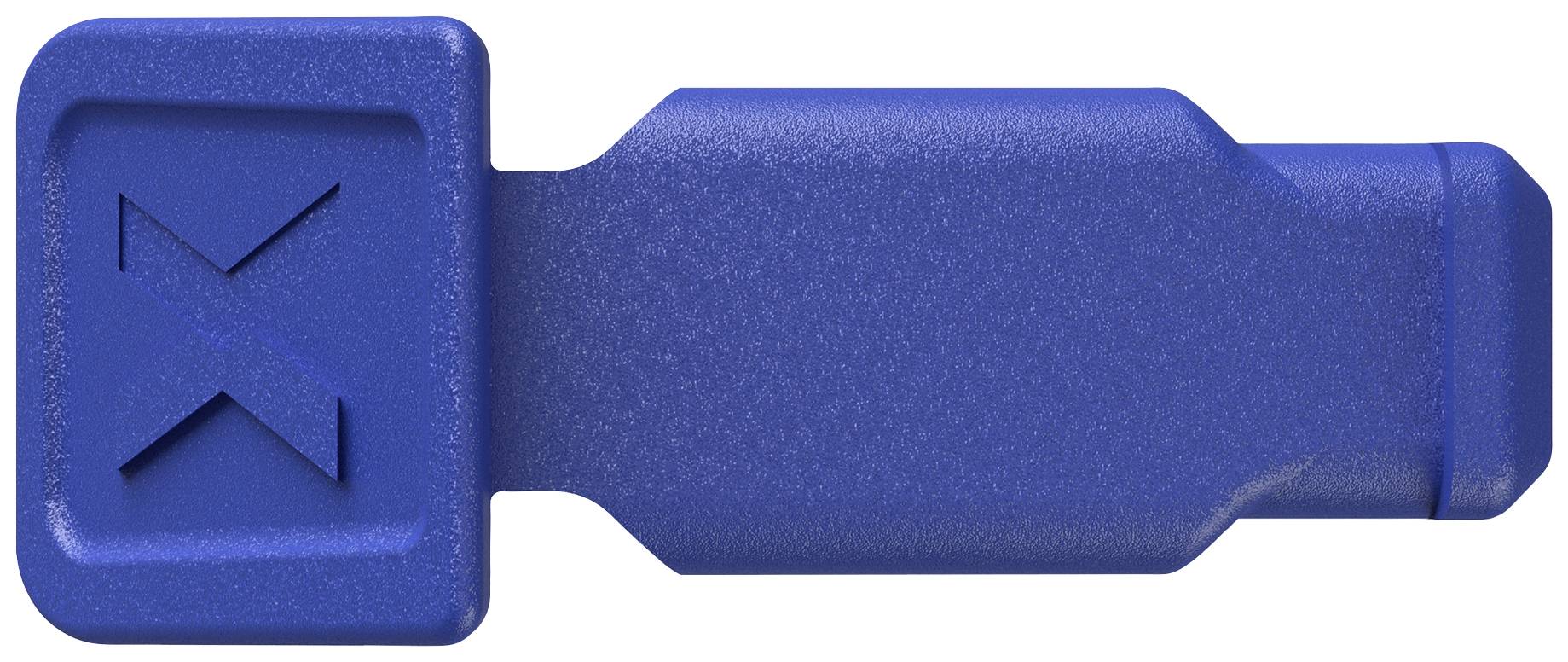 Clip blu in plastica a forma rettangolare con un motivo a 'X' sulla superficie superiore.