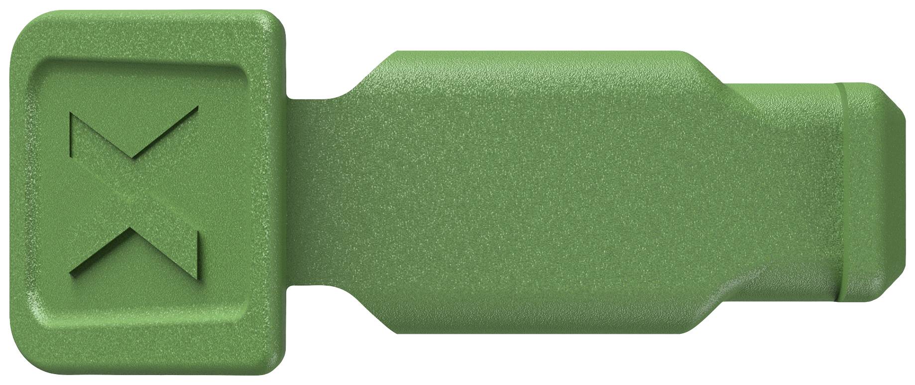 Clip verde in plastica con inciso un 'X', probabilmente per chiusure o marcature.