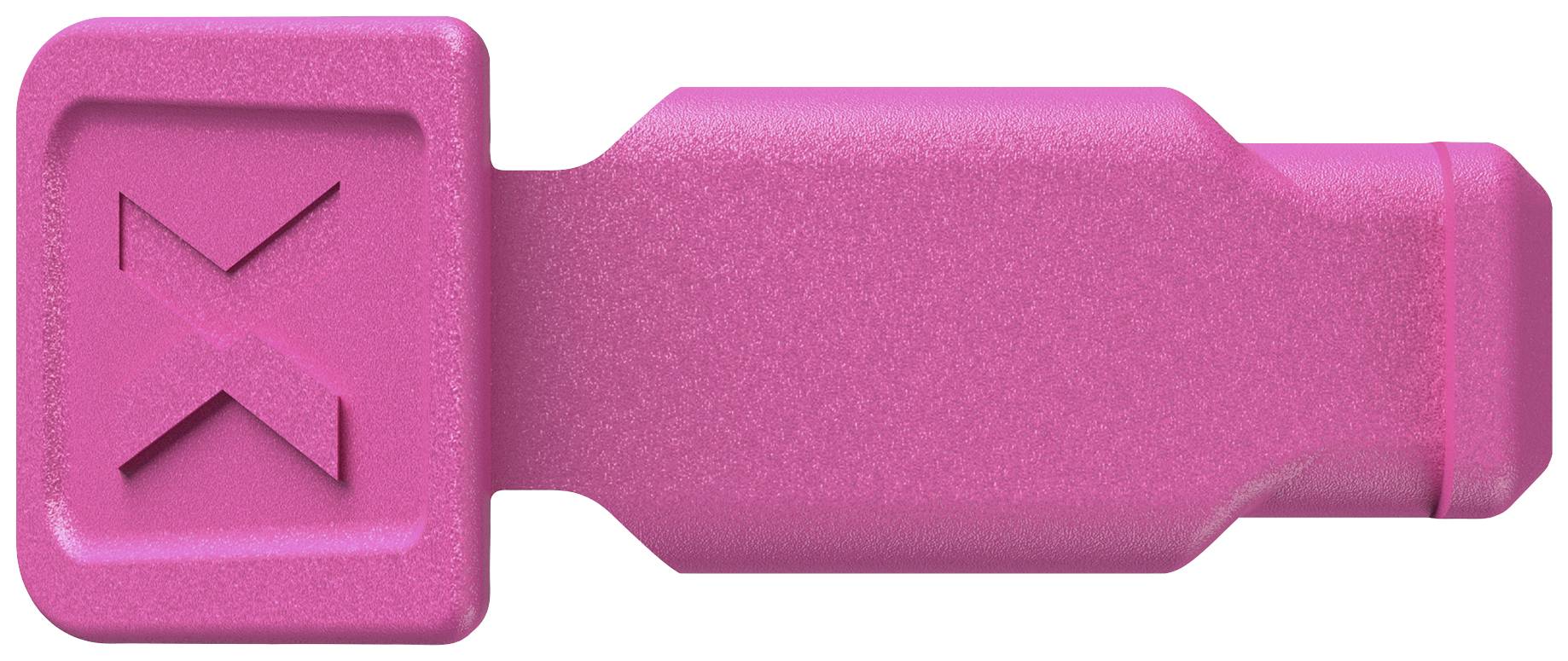 Un tappo di sicurezza rosa con un 'X' impresso sulla superficie, utilizzato per fissare i passeggeri nei veicoli.