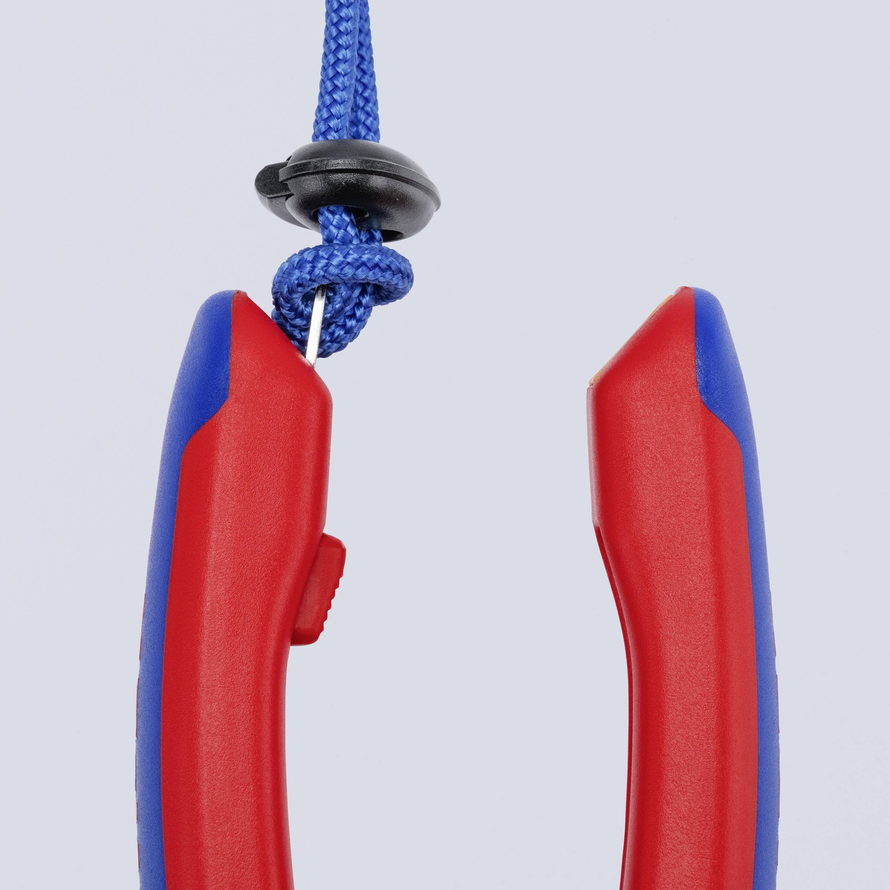 Un manico rosso e un manico blu legati insieme con una corda blu. Sembra far parte di un'attrezzatura di sicurezza o sportiva.