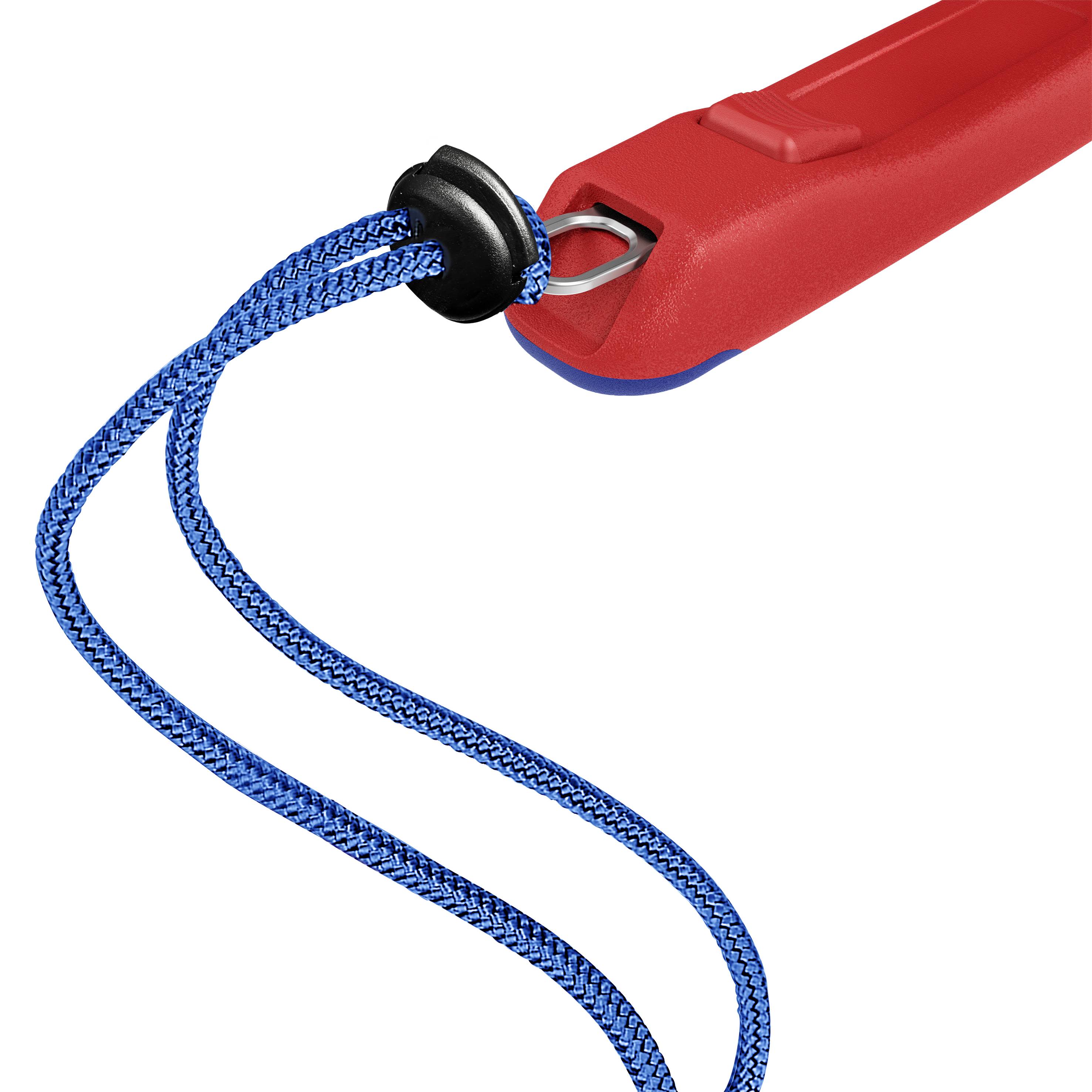 Impugnatura rossa con passante di fissaggio in corda blu, su sfondo bianco. Adatta per applicazioni con funi.