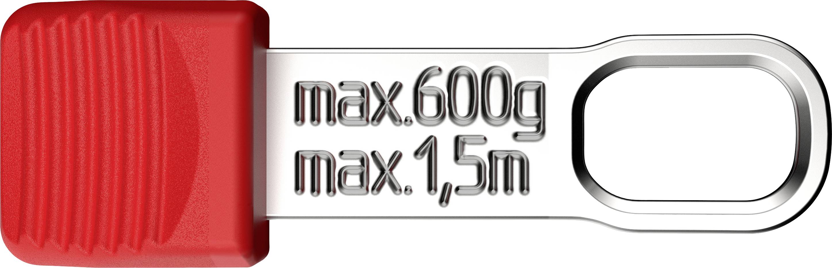 Gancio rosso e argentato con incisione: 'max. 600g, max. 1,5m'.