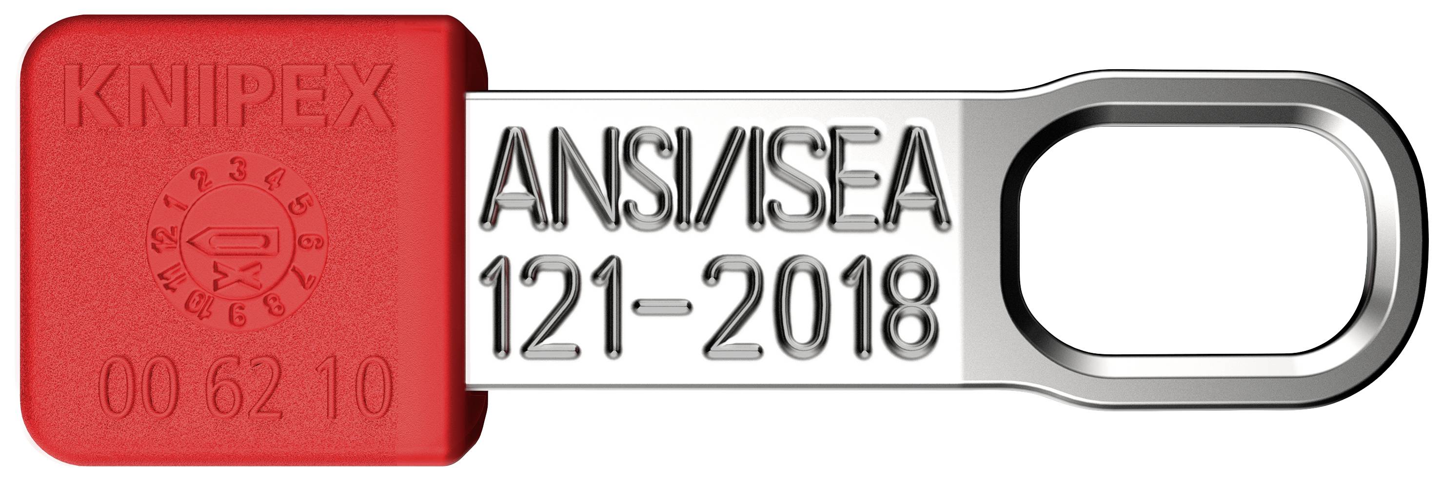 Sigillo di sicurezza rosso con incisione 'KNIPEX', a destra staffa metallica con incisione 'ANSI/ISEA 121-2018'.