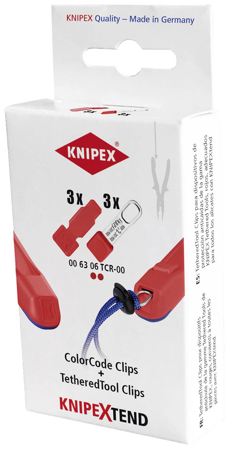 Confezione del prodotto KNIPEX con il testo 'ColorCode Clips + Tethered Tool Clips'. Include un'immagine di clip per utensili rosse e il logo aziendale.