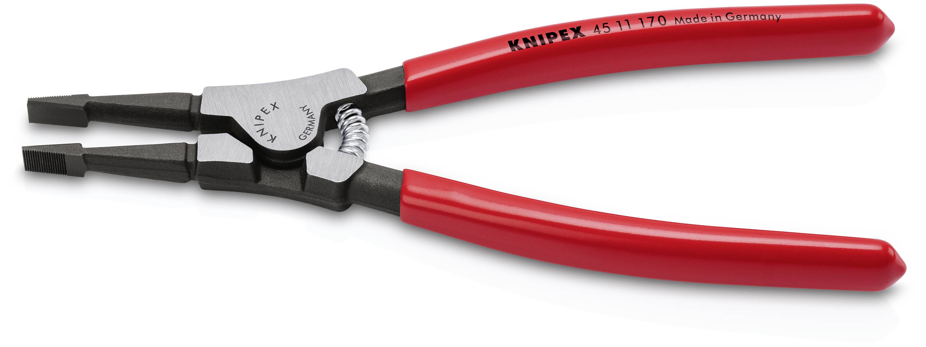 Pinza rossa con impugnatura nera e meccanismo a molla, scritta 'KNIPEX' visibile. Utensile per afferrare o tagliare.