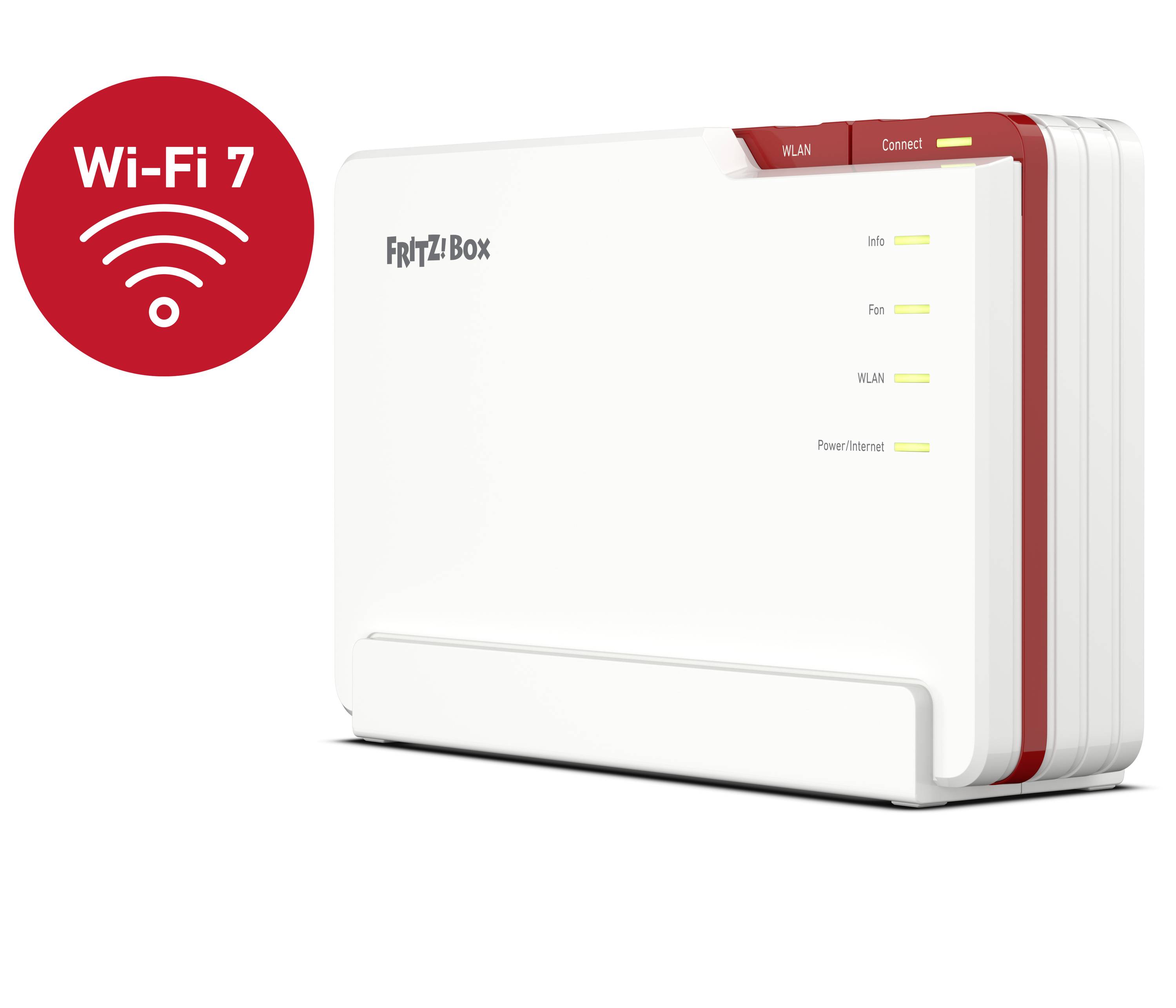 Un router Fritz!Box con logo Wi-Fi 7, che mostra spie di stato di rete e connessioni. Principalmente adatto per una rete Wi-Fi veloce.