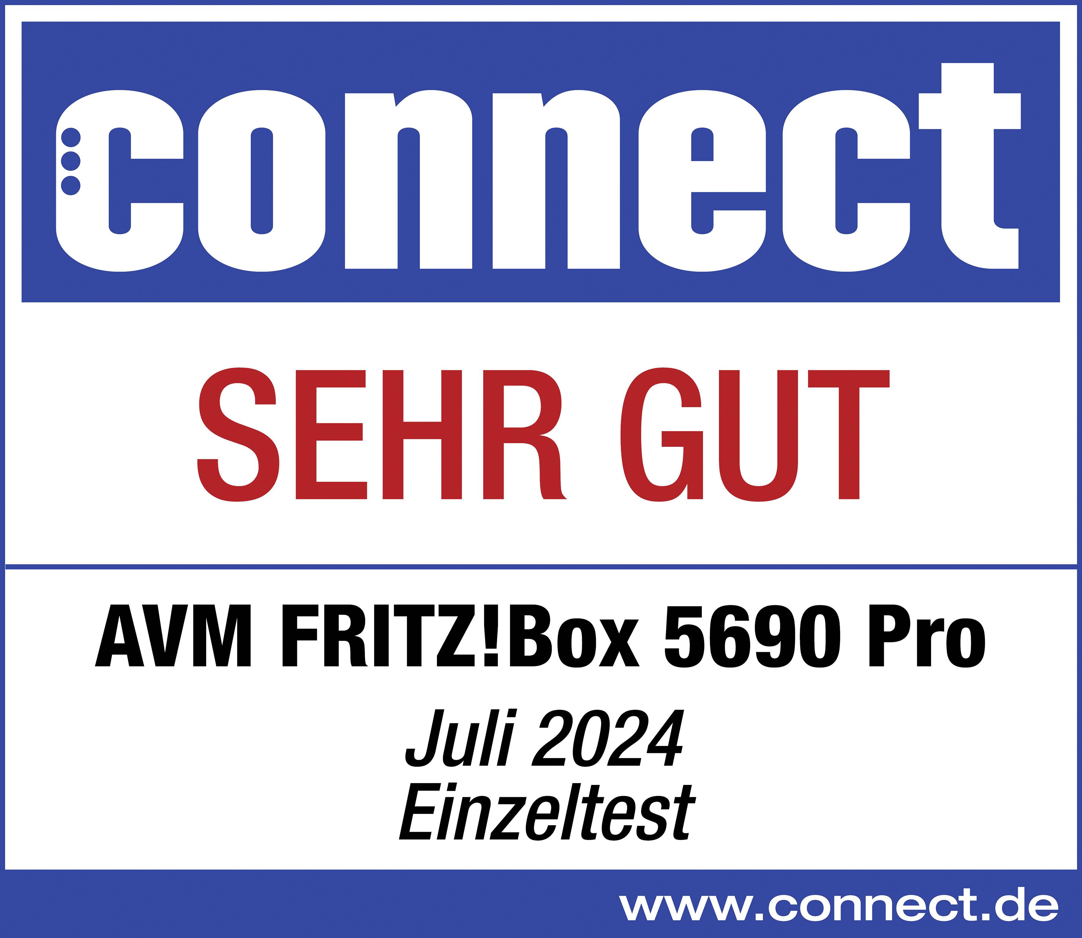 'connect' valuta 'AVM FRITZ!Box 5690 Pro' nel luglio 2024 come 'MOLTO BUONO' nel test individuale. Sito web: www.connect.de.