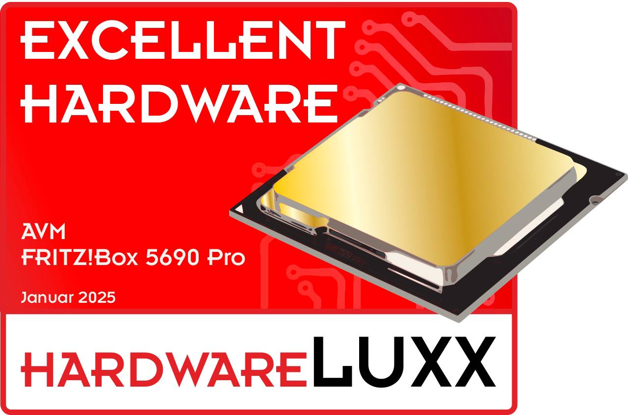 Riconoscimento per hardware eccellente: AVM FRITZ!Box 5690 Pro, gennaio 2025, da HardwareLUXX. Un processore è raffigurato.
