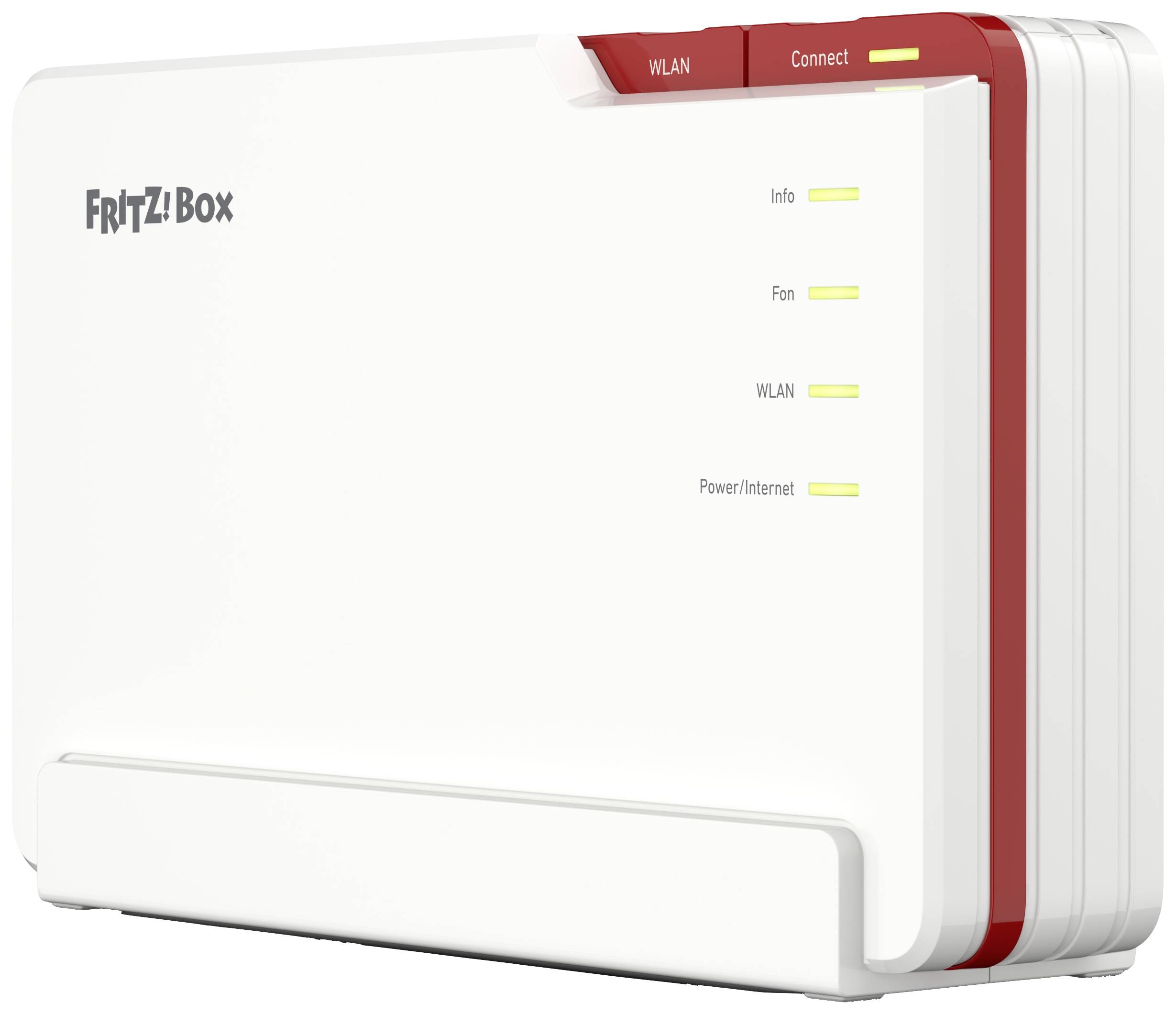 Un router WLAN bianco con la scritta 'FRITZ!Box', bordo rosso e quattro spie luminose gialle per Info, Fon, WLAN e Accensione/Internet.