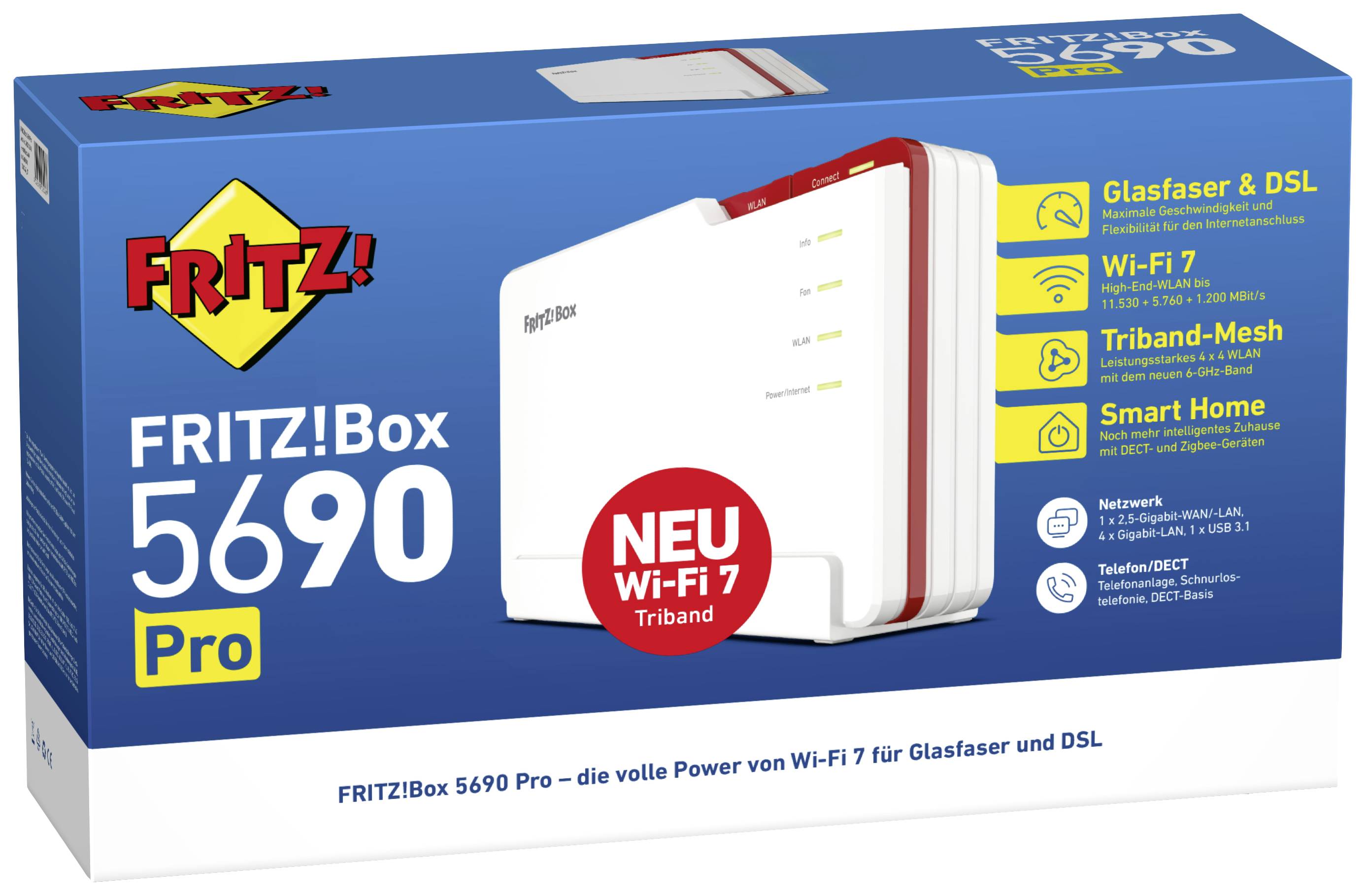 Confezione del router marchio Fritz!Box 5690 Pro, pubblicizzato con Wi-Fi 7, Tri-Band, rete Mesh e integrazione Smart Home.