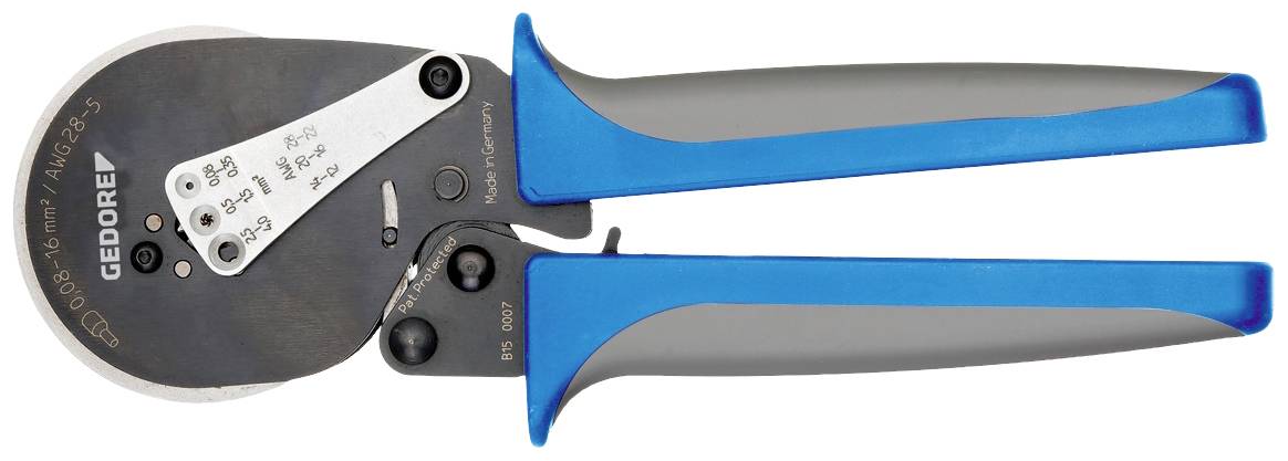 Una pinza crimpatrice GEDORE blu e grigia con diverse impostazioni per cavi di diverse dimensioni.