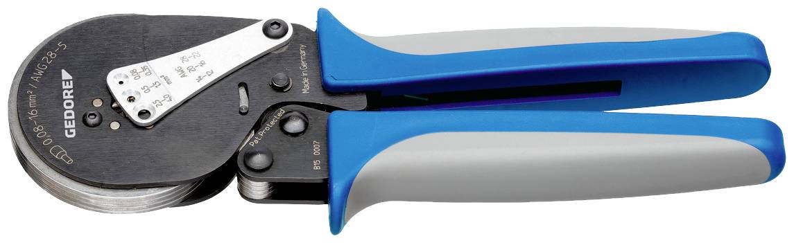 Una pinza crimpatrice blu e grigia per connettori di cavi, contrassegnata con specifiche tecniche e il marchio 'GEDORE'.