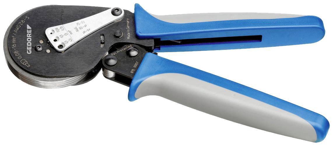 Una pinza crimpatrice blu con testa in metallo di GEDORE, utilizzata per la preparazione di connessioni di cavi in applicazioni tecniche.