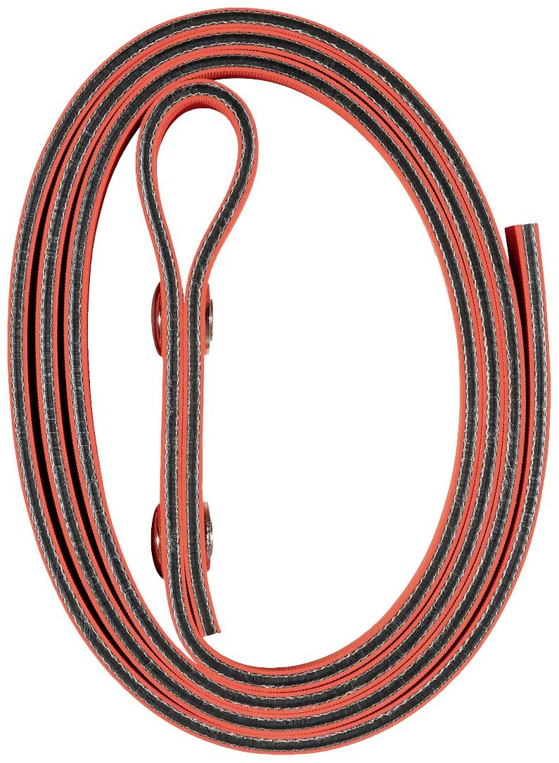 Un cinghia arrotolata, robusta e bicolore con strisce nere e rosse, presumibilmente per attività all'aperto o attrezzature sportive.