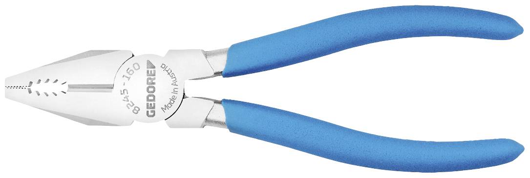 Una pinza piatta d'argento con manici blu, su cui è scritto 'GEDORE'. Viene utilizzata per lavori di presa e taglio.