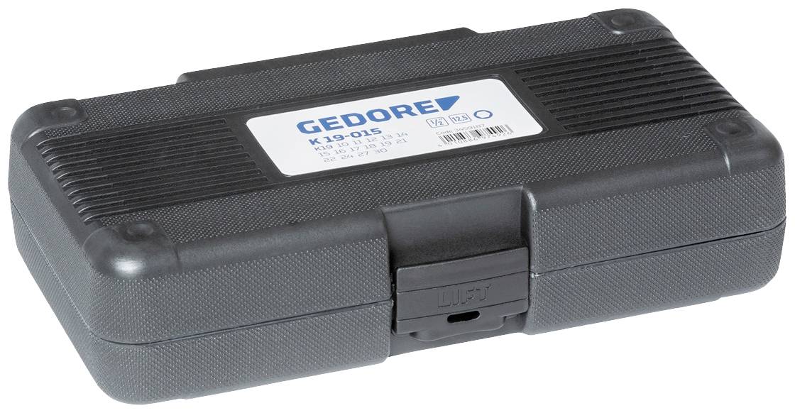 Valigetta porta attrezzi nera e rettangolare di Gedore, con manico e chiusura, adatta per conservare utensili.