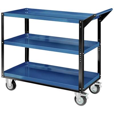 Carrello blu con tre ripiani e quattro ruote, idoneo per l'utilizzo in ambienti industriali o di magazzino.