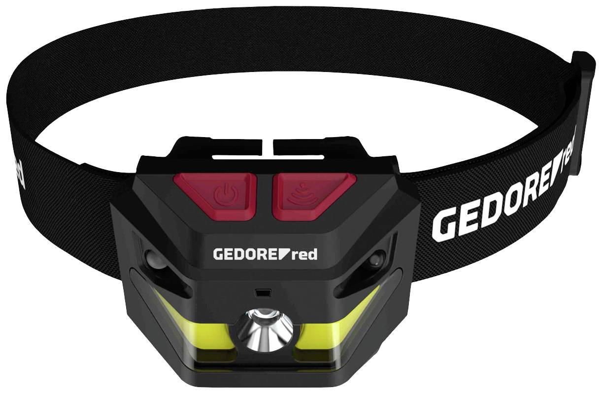 Lampada frontale con cinghia regolabile, corpo nero e due bottoni rossi. Contrassegnata con 'GEDORE red'.