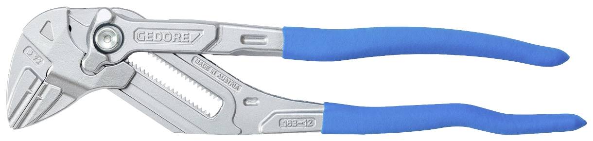 Pinza regolabile per pompa idraulica color argento con impugnature blu, aperta. Adatta per afferrare e trattenere tubi e altri oggetti.