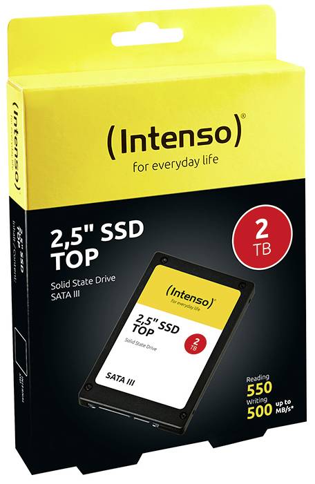 Confezione di un SSD Intenso da 2,5 pollici con 2 TB di memoria, interfaccia SATA III. Velocità di lettura: 550 MB/s, velocità di scrittura: 500 MB/s.