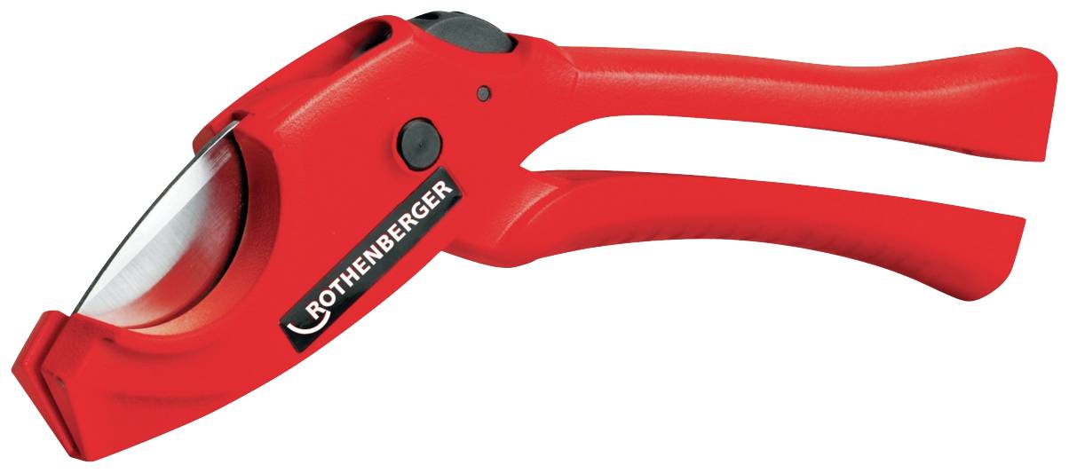 Forbice rossa per tubi, impugnatura ergonomica, design robusto, adatta per il taglio preciso di tubi in plastica. Marchio visibile.