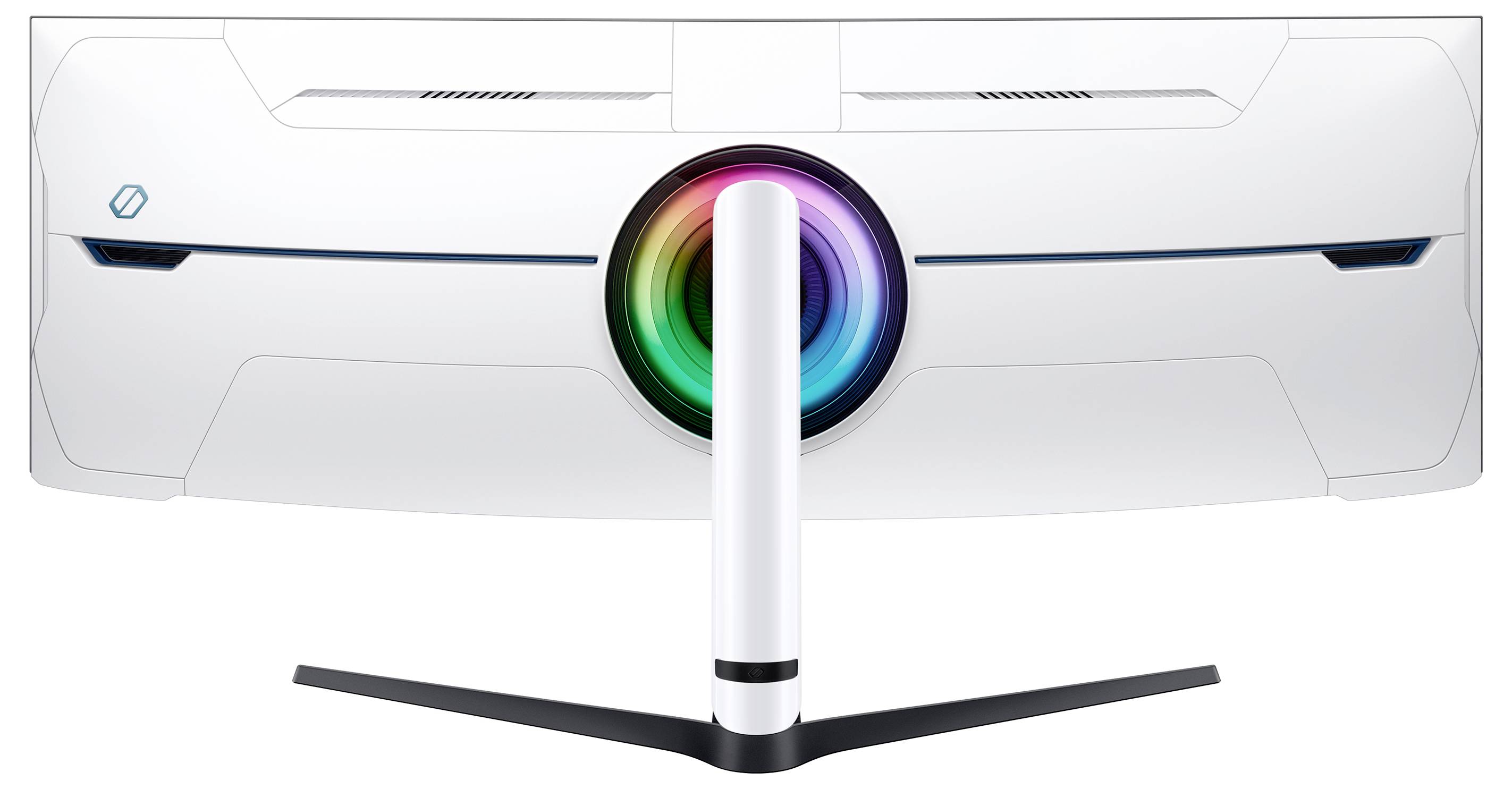 Un monitor bianco, curvo, con un elemento di illuminazione centrale, rotondo e multicolore, poggiante su un supporto sottile e nero.