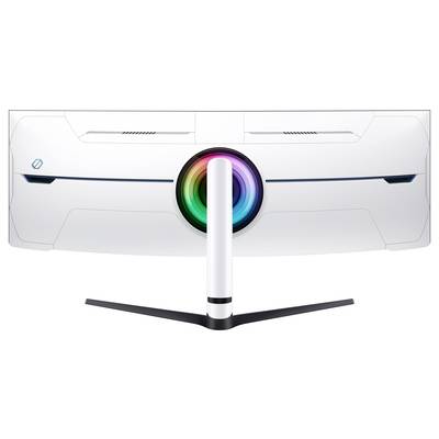 Un monitor bianco, curvo, con un elemento di illuminazione centrale, rotondo e multicolore, poggiante su un supporto sottile e nero.